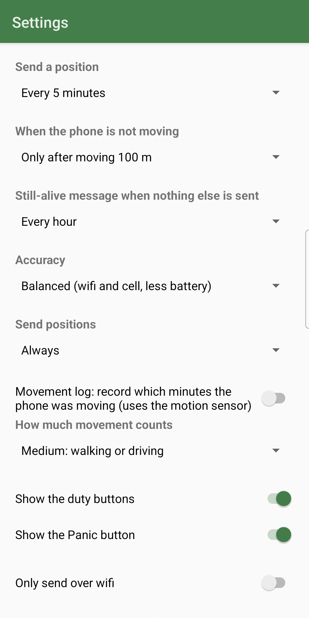 Beago settings: how often to send, accuracy, movement log